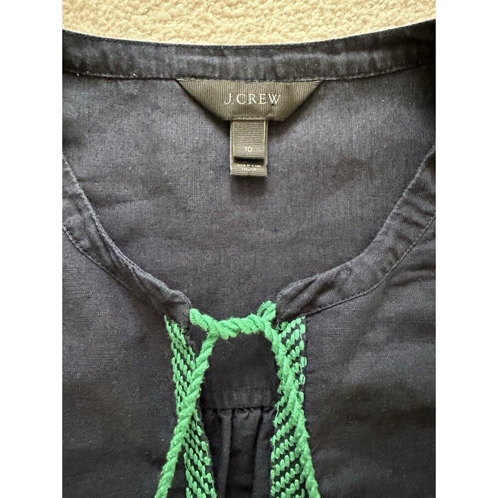 J. Crew Women’s Embroidered Boho Linen & Cotton Navy & Green Top Blouse Size 10 - Picture 10 of 14